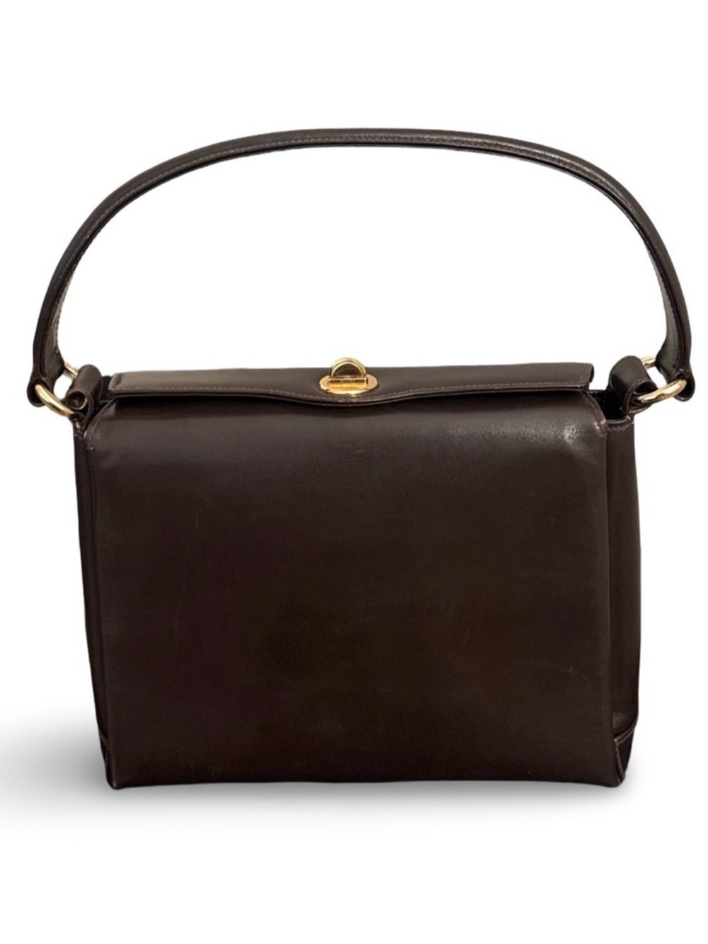 Vintage Gucci Brown Leather Top Handle Shoulder Bag Gold Turn Lock Purse